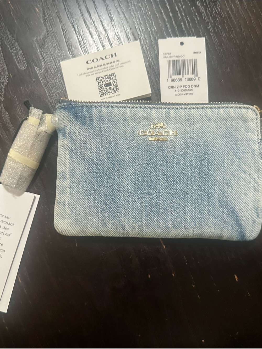 Coach Light Wash Denim Zip Pouch with Gold Hardware
